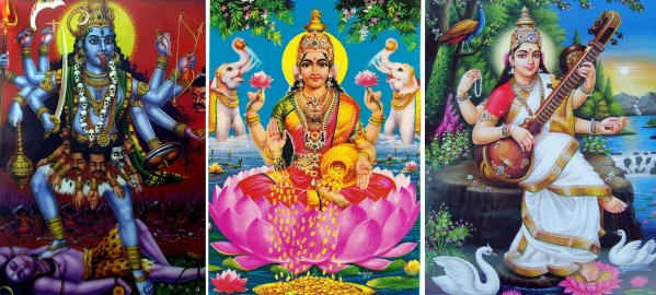 Die Göttinnen Kali, Lakshmi und Saraswati (Click für vergrößerte Ansicht)